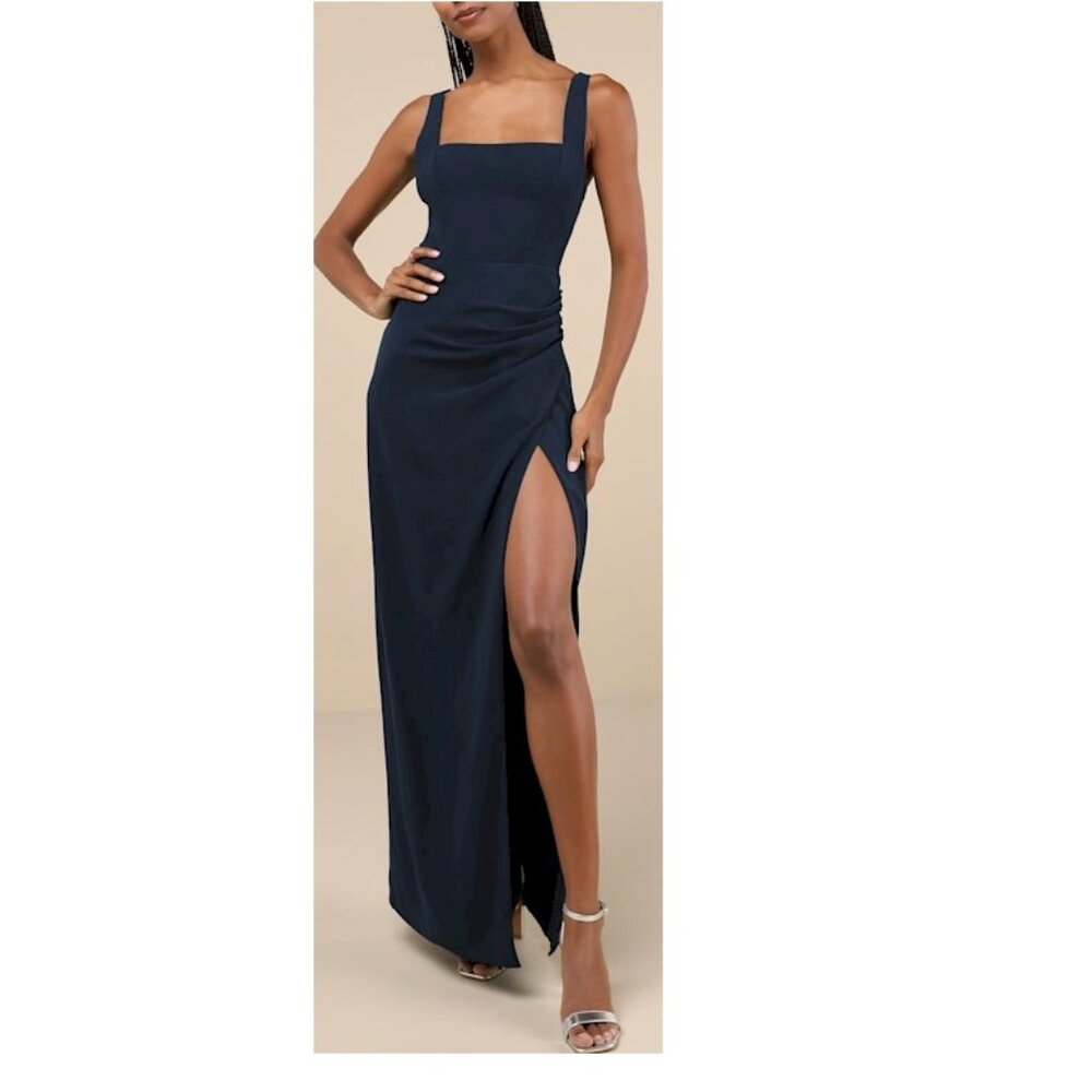 Lulus Glamorous Disposition Navy Ruched Maxi Dress Size Small NWOT